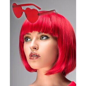Women's Red 12 Inch Bangs Costume Cosplay Party Short Bob Wigs And Sunglass